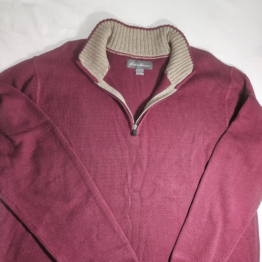 Eddie Bauer Mens XL Tall Burgundy Maroon 100% Cotton Quarter Zip Sweater